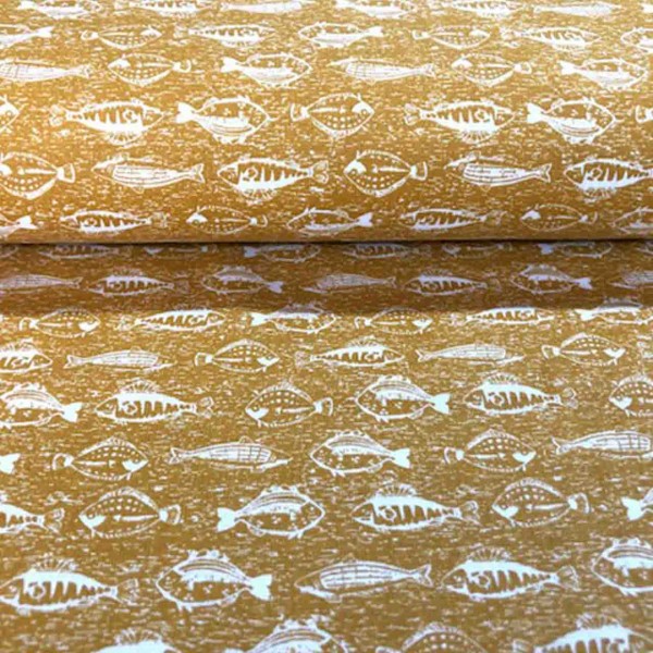 Baumwolldruck Fische senfgelb/weiß