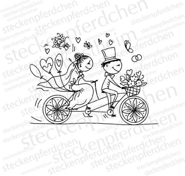 Steckenpferdchenstempel Brautpaar auf Fahrrad
