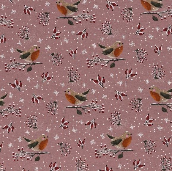 Baumwolljersey Lovely Robin winterliche Vögel altrosa
