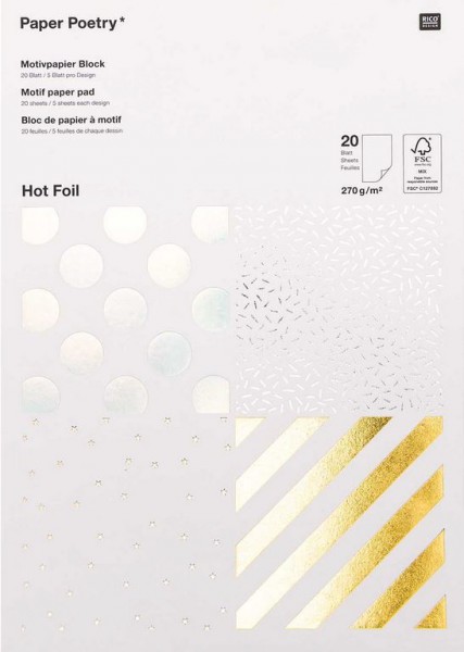Rico Motivpapier Block - weiß Hotfoil/Streifen