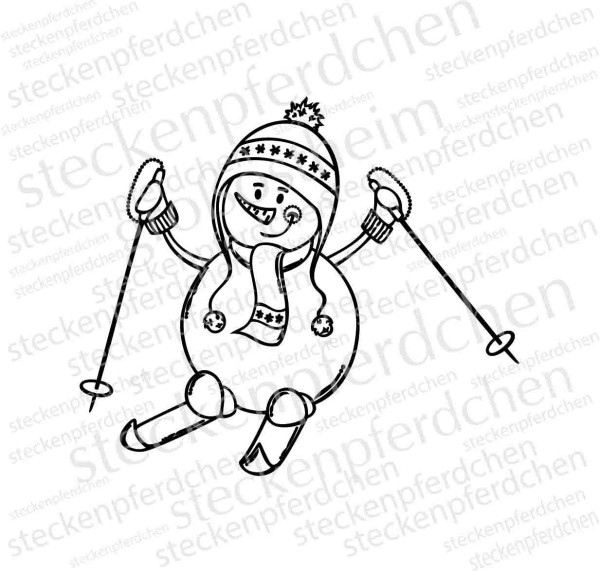 Steckenpferdchenstempel Schneemann auf Ski 